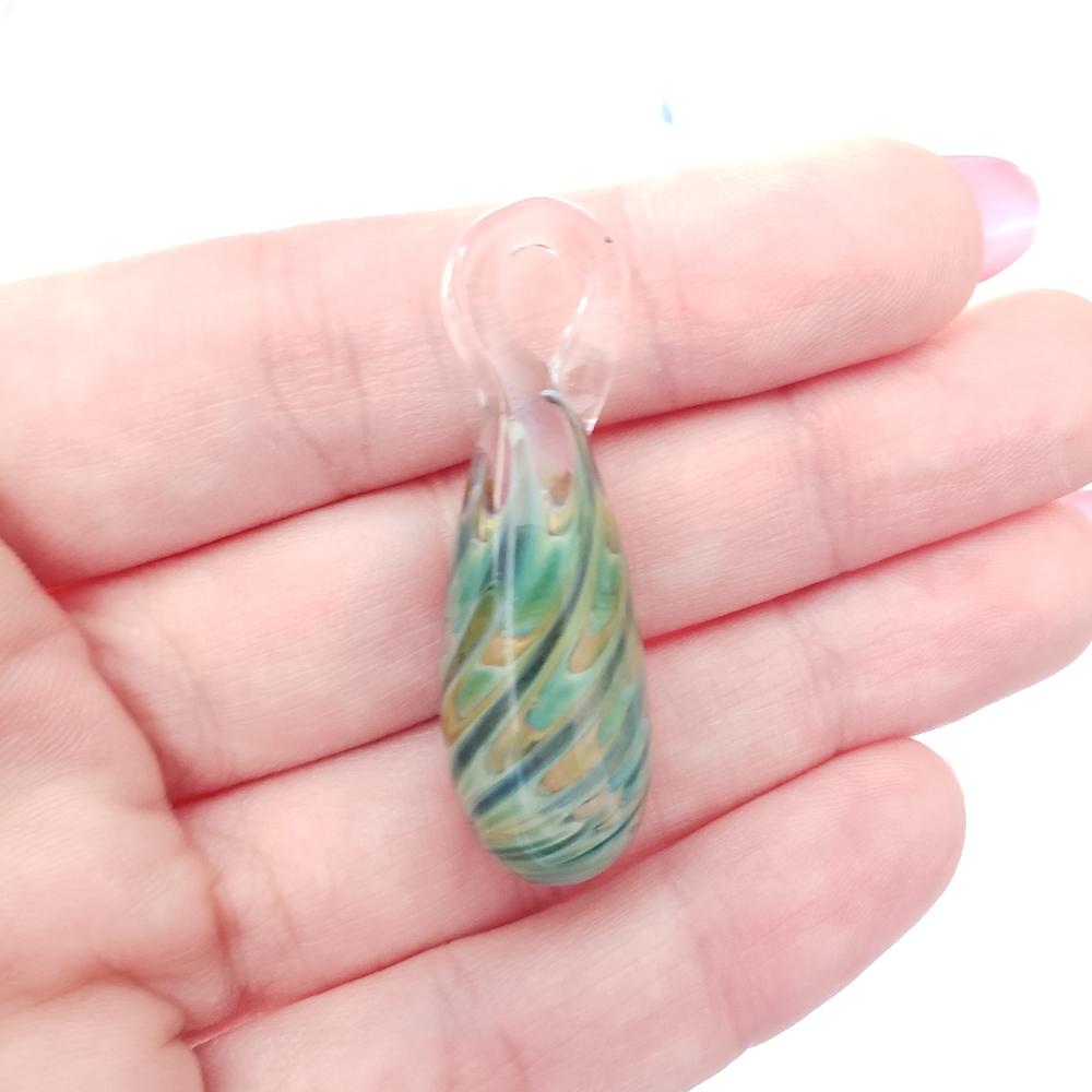 Blue and Gold Bubble Swirl Lampwork Boro Glass Pendant Teardrop Bead - Picture 3 of 5